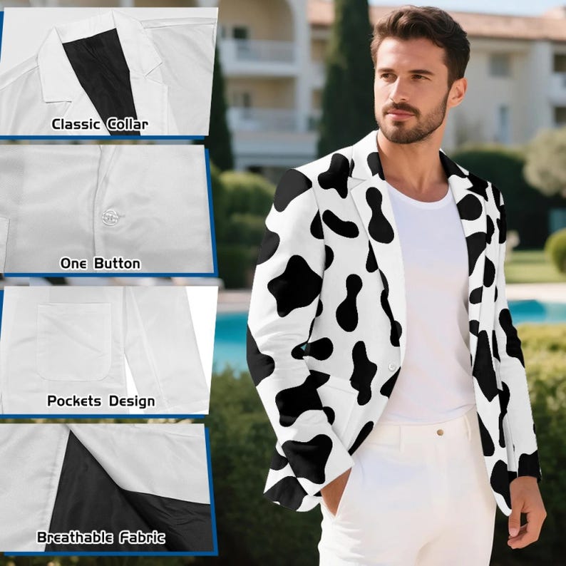 Cow Print Suit Jacket Black & White Cow Blazer for Men or Women Novelty ...