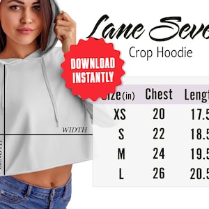 Maqueta de gráfico de tallas de sudadera con capucha Lane Seven Crop, Guía de tallas de sudadera con capucha crop top genérica, Descarga digital instantánea, Uso comercial