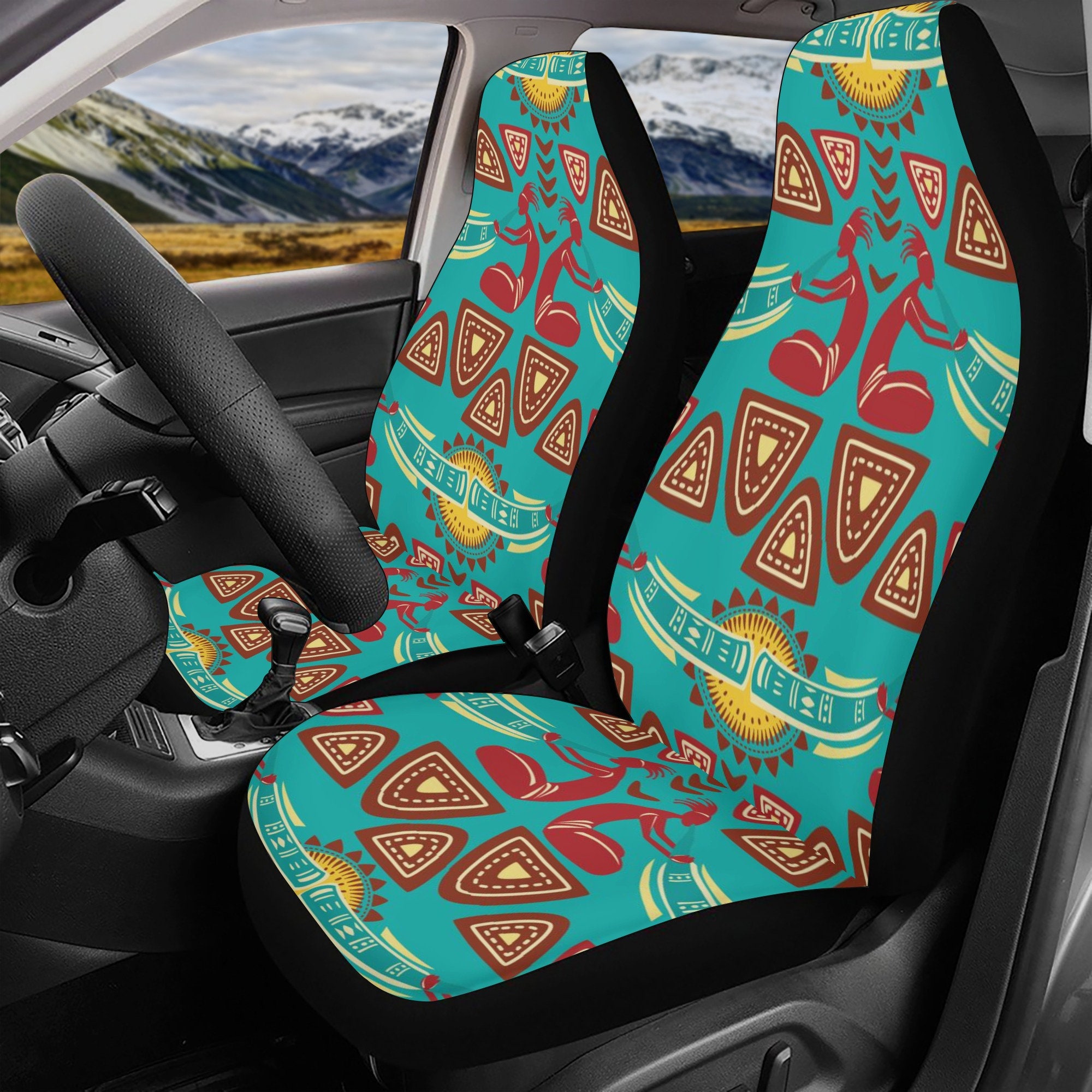 Baja Boho Hippie Front Seat Covers For Cars Black Aztec Print