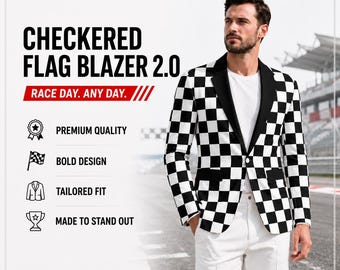 Checkered Flag Blazer Black & White Cosplay Suit Jacket Novelty Party Coat Costume Gift Check Pattern Racing Checkerboard Geometric Ska Mod