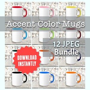 Puede incluir: Doce tazas de acento de color diferentes con cuerpos blancos y bordes y asas de color. Las tazas están dispuestas en una cuadrícula sobre una superficie de madera. El texto "Accent Color Mugs" y "12 JPEG Bundle" se muestra en la imagen.