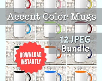 Accent Mug Bundle, 12 Color JPG Mockups Cup Handle and Rim Listing Files, Generic 2-Tone Coffee Mug, Instant Digital Download Commercial Use