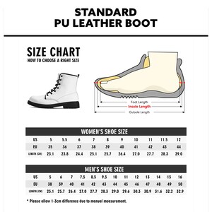 May include: Size chart for standard PU leather boots. The chart shows US, EU, and length in centimeters for both men's and women's sizes. The chart includes measurements for foot length, insole length, and outsole length.