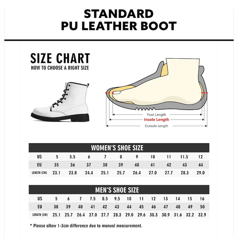 May include: Size chart for standard PU leather boots. The chart shows US, EU, and length in centimeters for both men's and women's sizes. The chart includes measurements for foot length, insole length, and outsole length.
