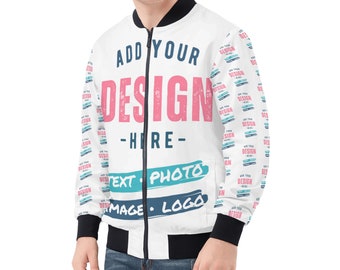 May include: White bomber jacket with a black zipper and black ribbed cuffs. The jacket has a repeating pattern of the text "Add Your Design Here" in blue and pink. The text "Text Photo Image Logo" is written in blue and black on the front of the jacket.