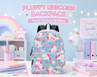 Fluffy Unicorn Backpack for Girls, Cute Kawaii Rainbow Bookbag, Pastel School Backpack, Pink Blue Magical Kids School Bag