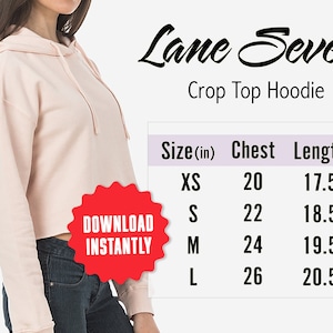 Maqueta de gráfico de tallas de sudadera con capucha de Lane Seven Crop, guía de tallas de sudadera con capucha de crop top genérico de color rosa pálido, uso comercial de descarga digital instantánea
