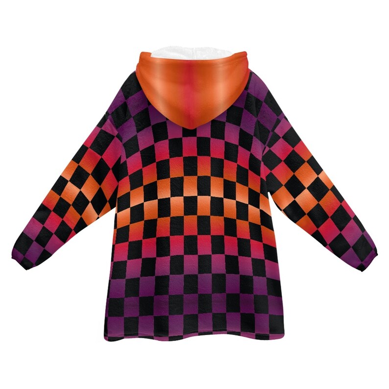 May include: A black and white checkered hooded blanket with a gradient of orange, red, and purple. The blanket has a large hood and long sleeves.