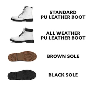 May include: White leather boots with black laces and a choice of brown or black soles. The boots are labeled "Standard PU Leather Boot", "All Weather PU Leather Boot", "Brown Sole", and "Black Sole".