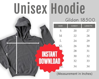 Gildan 18500 Hoodie Sweater Size Chart Mockup, Generic Unisex Grey Hooded Sweatshirt Sizing Guide, Instant Digital Download, Commercial Use