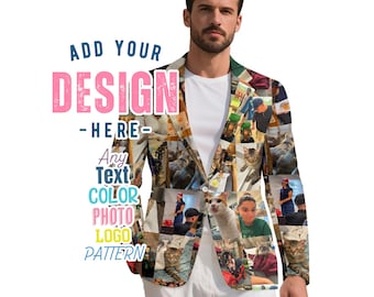 May include: A blazer with a collage design featuring various photos. The jacket has a white interior and a green collar. Text on the image reads "ADD YOUR DESIGN - HERE - Any Text COLOR PHOTO LOGO PATTERN."