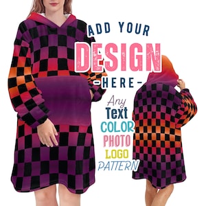 May include: A purple and orange checkered hooded blanket with the text "Add Your Design Here - Any Text Color Photo Logo Pattern" printed on the front.
