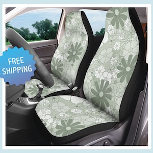 Pokrowce na siedzenia samochodowe Funky Sage Green do pojazdów Boho Floral Green Pokrowiec na siedzenia samochodowe Ciężarówka Retro Ochraniacz na siedzenia Pasuje do większości foteli kubełkowych SUV Kwiat