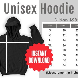 Gildan 18500 Hoodie Sweater Size Chart Mockup, Generic Unisex Black Hooded Sweatshirt Sizing Guide, Instant Digital Download, Commercial Use