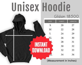 Gildan 18500 Hoodie Sweater Size Chart Mockup, Generic Unisex Black Hooded Sweatshirt Sizing Guide, Instant Digital Download, Commercial Use