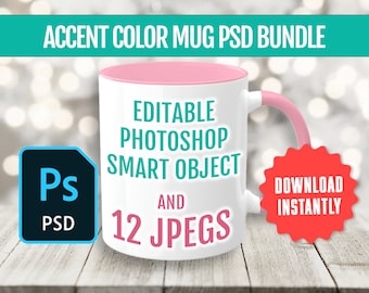 Accent Color Mug Mockup, Smart Object Warped Editable PSD Photoshop Mug Mockup, 12 Colors, Generic 2-Tone Coffee Cup, Commercial Use