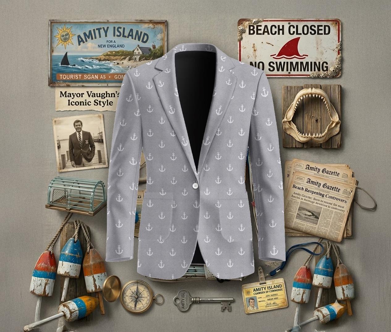 Jaws Mayor Vaughn Jacket Grey Nautical Pattern Anchor Blazer, Novelty Suit Jacket, Unisex Cosplay Costume, Ship Captain Sailor Coat