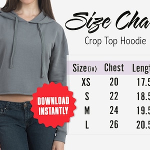 Maqueta de gráfico de tallas de sudadera con capucha crop top gris, guía de tallas de sudadera con capucha recortada genérica gris tormenta Descarga digital instantánea Uso comercial