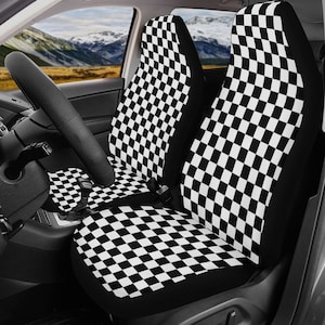Set coprisedili per auto in bianco e nero per veicoli Accessori per gare di bandiera a scacchi Copricintura per volante parasole retrò Van Truck SUV Regali