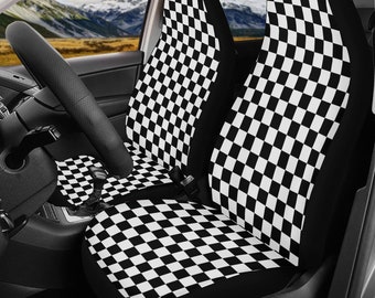 Checker Car Seat Covers for Vehicles Checkered Flag Race Accessories Full Set Retro Sunshade Steering Wheel Belt Covers Van Truck SUV Gifts