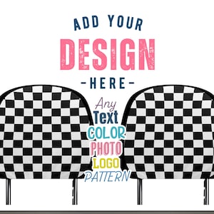 May include: Two black and white chequered car seat headrests with the text "Add Your Design Here - Any Text Color Photo Logo Pattern" in colourful text.