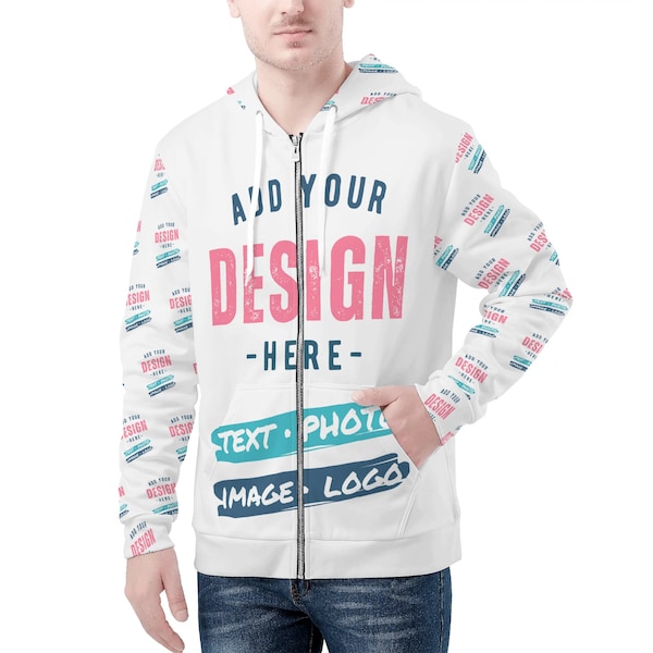 Custom Zip Hoodie All Over Print Men's Classic Zip Up Hooded Sweatshirt with Zipper Design Your Own Hoodies Color Photo Text Logo Pattern