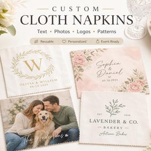 May include: Four square cloth napkins with pinked edges, featuring custom designs including a gold monogram wreath, a floral watercolor print with names and a date, a full-color photograph of a couple with a dog, and a black logo for Lavender & Co. Bakery.