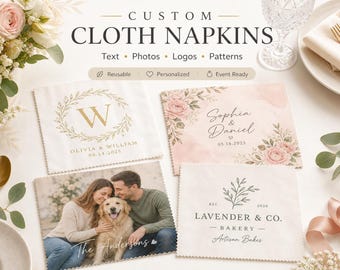 Custom Cloth Napkins, Personalized Reusable Fabric Napkins, Any Logo Photo Text Pattern, Bulk Wedding Supplies, Party Catering Decor