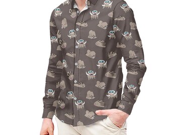 Fuzzy Winter Creature Button Up Shirt, Brown Animal Long Sleeve Dress Shirt, Gamer Inspired Collared Shirt, Snow Creature Top