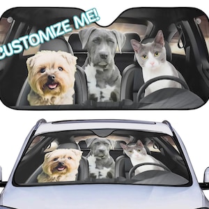 犬好きのお父さん、猫ちゃん、お母さんへのプレゼントにパーソナライズされた車用サンシェード。新車オーナーのドライバーへのプレゼントに。かわいくて面白いカスタムサンシェード、ペットの写真入りギフトアイデア。