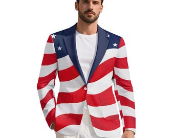 American Flag Blazer Jacket, Patriotic Novelty Costume Sport Coat, 4th of July Outfit for Men Women