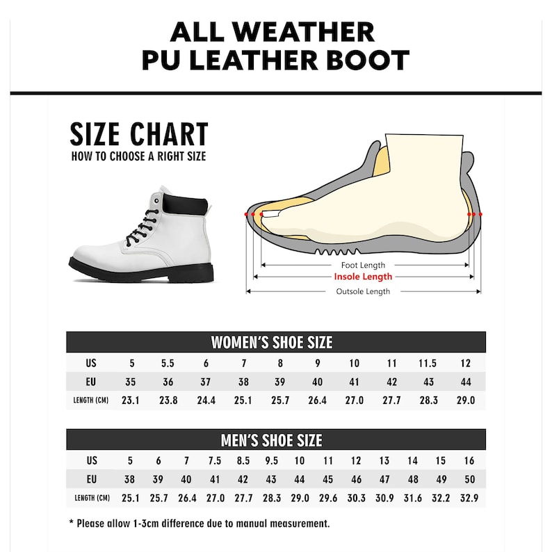 May include: Size chart for all-weather PU leather boots. The chart shows US, EU, and length in centimeters for both men's and women's sizes. The chart includes a diagram of a boot with measurements for foot length, insole length, and outsole length.