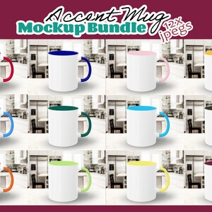May include: Twelve mockup images of white mugs with different colored accent bands around the rim and handle. The mugs are arranged in a grid of four rows and three columns. The mugs are all on a white surface with a blurred background of a kitchen.
