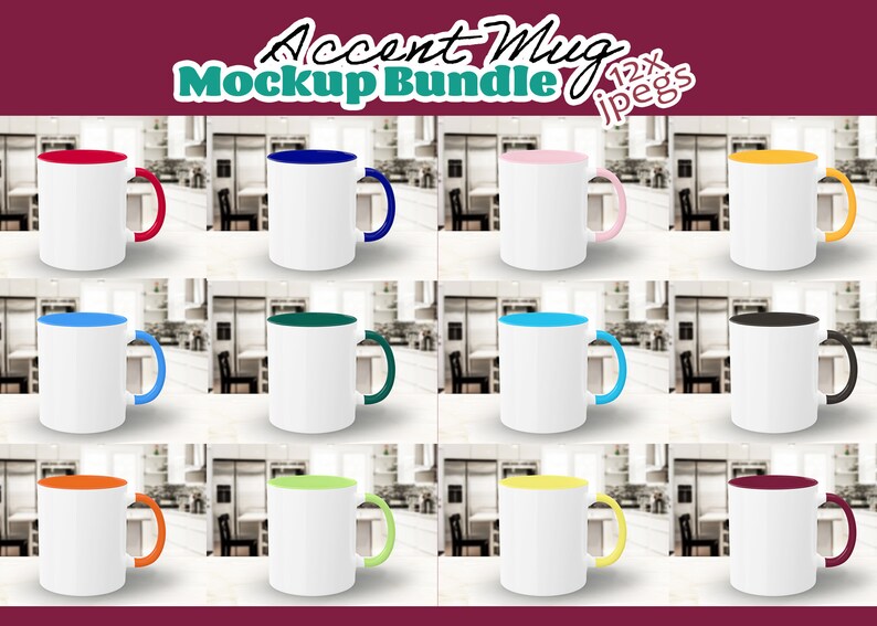 May include: Twelve mockup images of white mugs with different colored accent bands around the rim and handle. The mugs are arranged in a grid of four rows and three columns. The mugs are all on a white surface with a blurred background of a kitchen.