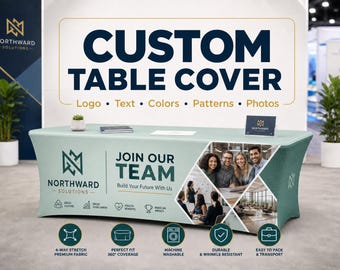Custom Elastic Table Cover, Personalized Stretch Tablecloth with Logo Photo Text, Vendor Booth Display, Trade Show Table Cover, Party Decor