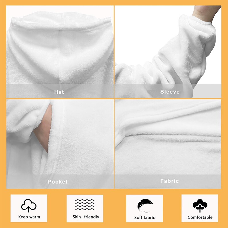 May include: A white hooded blanket with a pocket, sleeves, and a hat. The blanket is soft, comfortable, and skin-friendly. It is also warm and perfect for snuggling up on the couch.