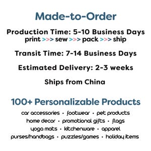 May include: Text graphic with the words "Made-to-Order" in blue. The text below explains the production, transit, and estimated delivery times. The text also states that the products ship from China. The text below that says "100+ Personalizable Products" and lists a variety of product categories.