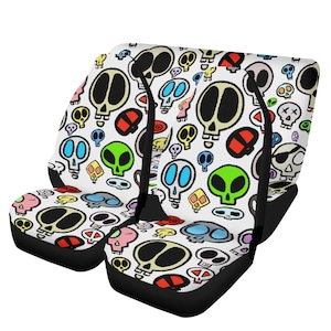 Cartoon Skull Car Seat Cover Set for Vehicles Colorful Space Alien Car Protector Cover Van Truck SUV Fits Most Bucket Seats New Driver Gift