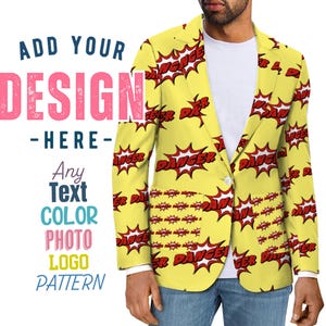 May include: A yellow blazer with a red "DANGER" pattern. The blazer has a button closure and a pocket on the left side.
