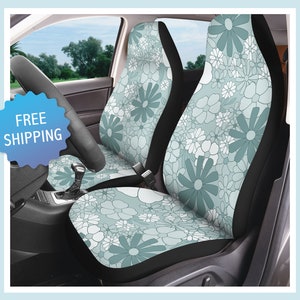Funky Blue Sage Green Car Seat Covers for Vehicle Boho Floral Juniper Car Bucket Seat Cover Truck Retro Seat Protector for SUV or Van Flower