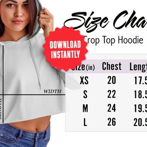 Maqueta de gráfico de tallas de sudadera con capucha de cultivos, guía de tallas de sudaderas con capucha genéricas de Crop Top Lane Seven, descarga digital instantánea, uso comercial