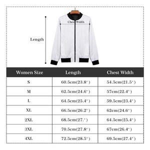 May include: Size chart for a jacket with measurements in inches and centimeters. The chart shows the chest width and length of the jacket in different sizes, from S to 4XL.