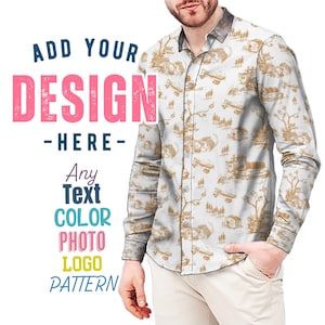 Könnte beinhalten: Ein weißes, langärmliges Hemd mit Knöpfen und einem braunen und weißen Muster. Das Hemd hat einen Kragen und eine Knopfleiste vorne. Der Text "ADD YOUR DESIGN - HERE - Any Text Color Photo Logo Pattern" ist auf der linken Seite des Bildes sichtbar.