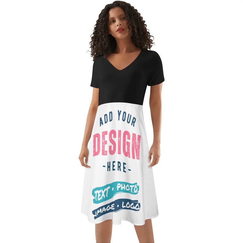 Frauen Custom Kleid mit V-Ausschnitt Schwarzes Top Rüschen Sommerkleid Personalisierter Rock Jede Farbe Text Logo Bild Foto Bild 4
