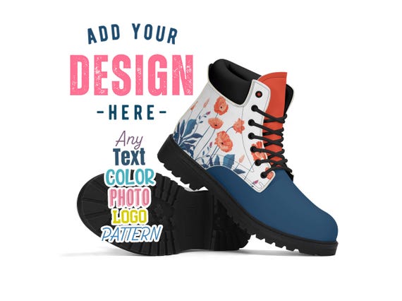 Custom Faux Leather Boots Black or Brown Sole PU Leather Boot Personalized Any Color Photo Text Logo Image All Weather Waterproof High Top