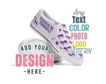 Chaussures à enfiler personnalisées pour femme Chaussure de skate personnalisée pour homme Mocassins de skateboard Patineur en toile sans lacets Toute couleur Photo Image Logo Texte