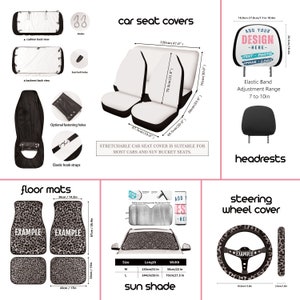 May include: A set of car seat covers, floor mats, a steering wheel cover, headrests, and a sunshade. The covers are black and white with a leopard print design. The floor mats are also black and white with a leopard print design. The steering wheel cover is black with a leopard print design. The headrests are black. The sunshade is black and white with a reflective material. The text "ADD YOUR DESIGN -HERE- TEXT PHOTO IMAGE LOGO" is on the headrest cover. The text "EXAMPLE" is on the floor mats and steering wheel cover. The text "Size, Length, Width, M, 130cm/51 in, 56cm/22 in, L, 144cm/56 in, 70cm/27.5 in" is on the sunshade.