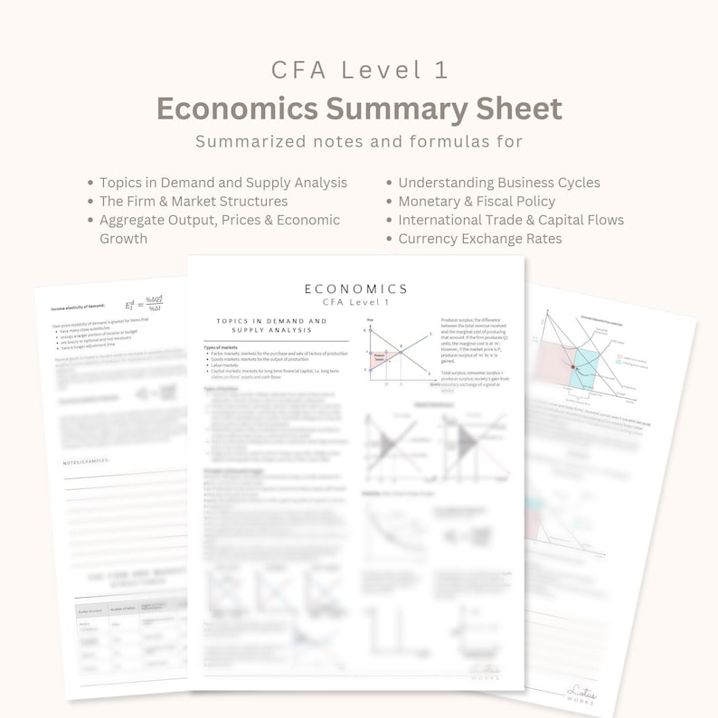 May include: CFA Level 1 Economics Summary Sheet with notes and formulas for topics in demand and supply analysis, the firm and market structures, aggregate output, prices and economic growth, understanding business cycles, monetary and fiscal policy, international trade and capital flows, and currency exchange rates.