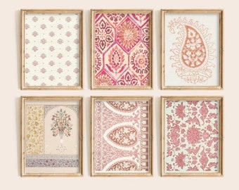 May include: Six framed prints with different pink and white patterned designs. The prints are arranged in a grid of two rows and three columns. The frames are all the same size and have a light wood finish.