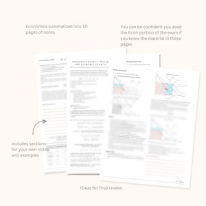 May include: A set of 10 pages of economics notes, with the text "Economics summarized into 10 pages of notes" at the top. The notes include sections for your own notes and examples. The notes are great for final review. The notes include a graph with the title "Aggregate Output, Prices and Economic Growth".